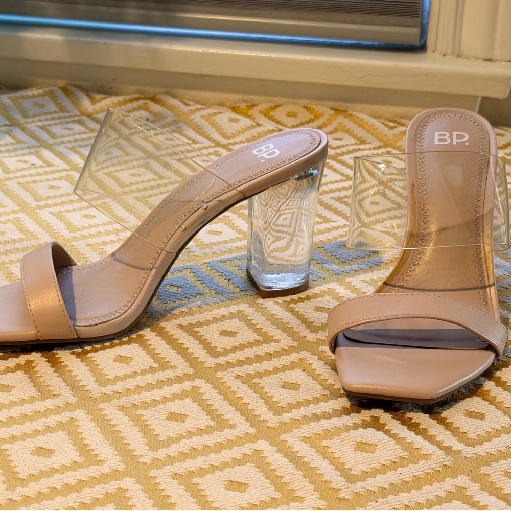 BP Nude Clear Strap Block Heel Sandals, Square Toe, Mule Heels (size 6)